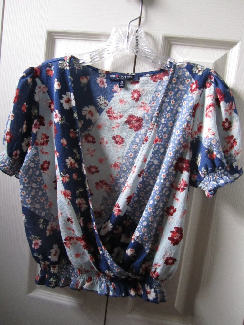 One Clothing Floral Patchwork Wrap Crop Top - Blue / Red